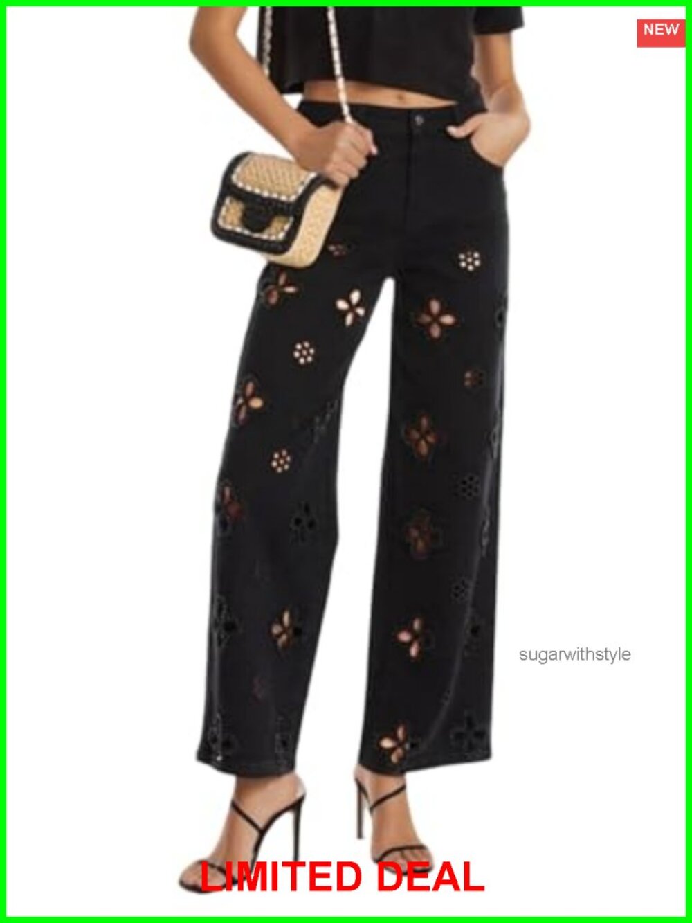 Women's Pearl Jeans High Waist Straight Leg Rhinestone Embellished Pants